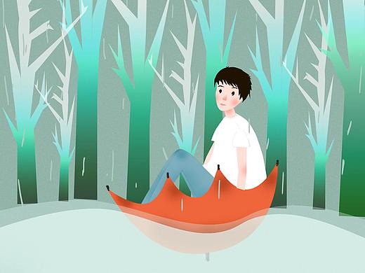 治愈雨中男孩原创手绘插画