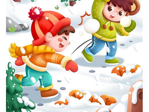 原创儿童插画《放风筝》《打雪仗》