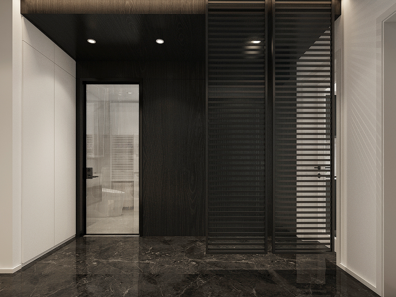 黑色的木质格栅,在玄关处充当了分隔层次的重要组成,理石地面的镜面