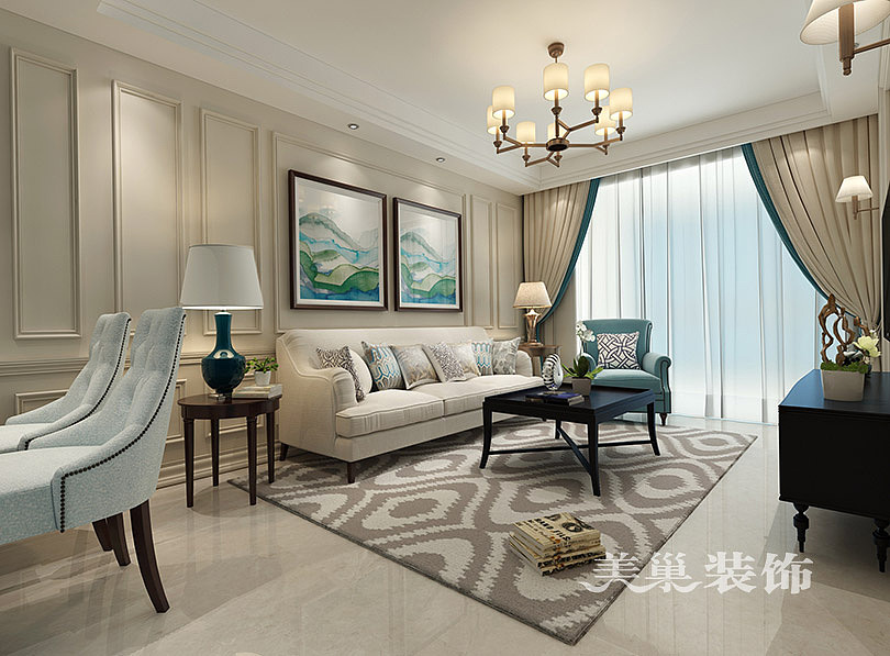 康桥悦岛简美风格装修样板间,小三房沙发背景墙