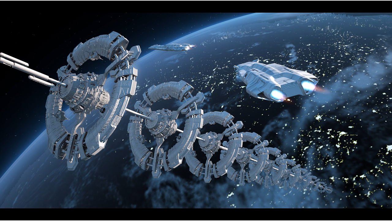 这个镜头是展现小说中太空电梯与阶梯计划的画面.