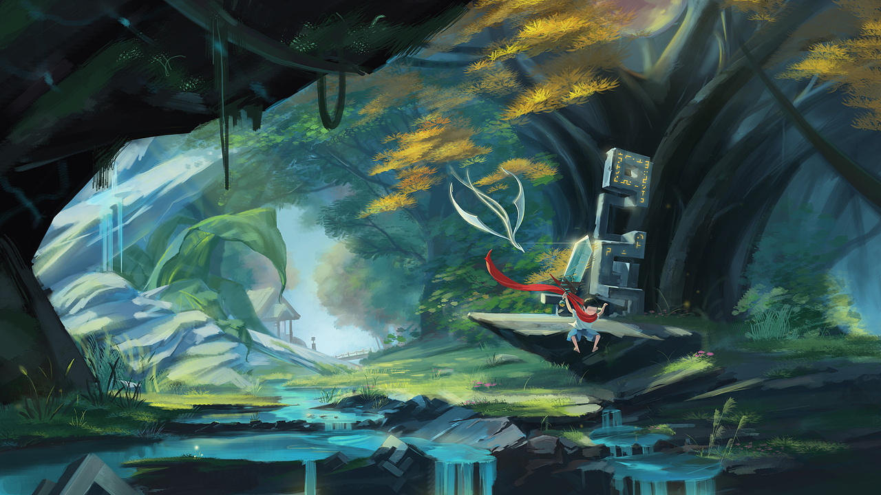 途径祈语溪谷时我看见一颗琥珀跟宝石一样嵌在树冠,才发现它树根连通往一个洞穴,连里面的石头也有了它鲜橙色的符印。