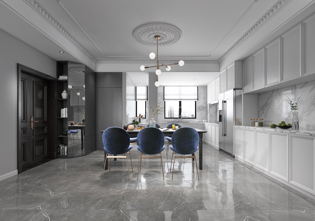 现代轻奢美式客厅餐厅,沙发,餐桌,电视柜