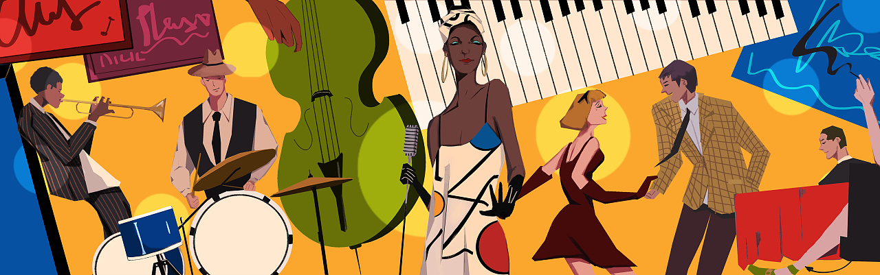 一组关于爵士乐的内页插画