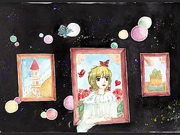 水彩小清新夜画中画女孩灯塔蝴蝶花朵胶带仙人掌装饰画