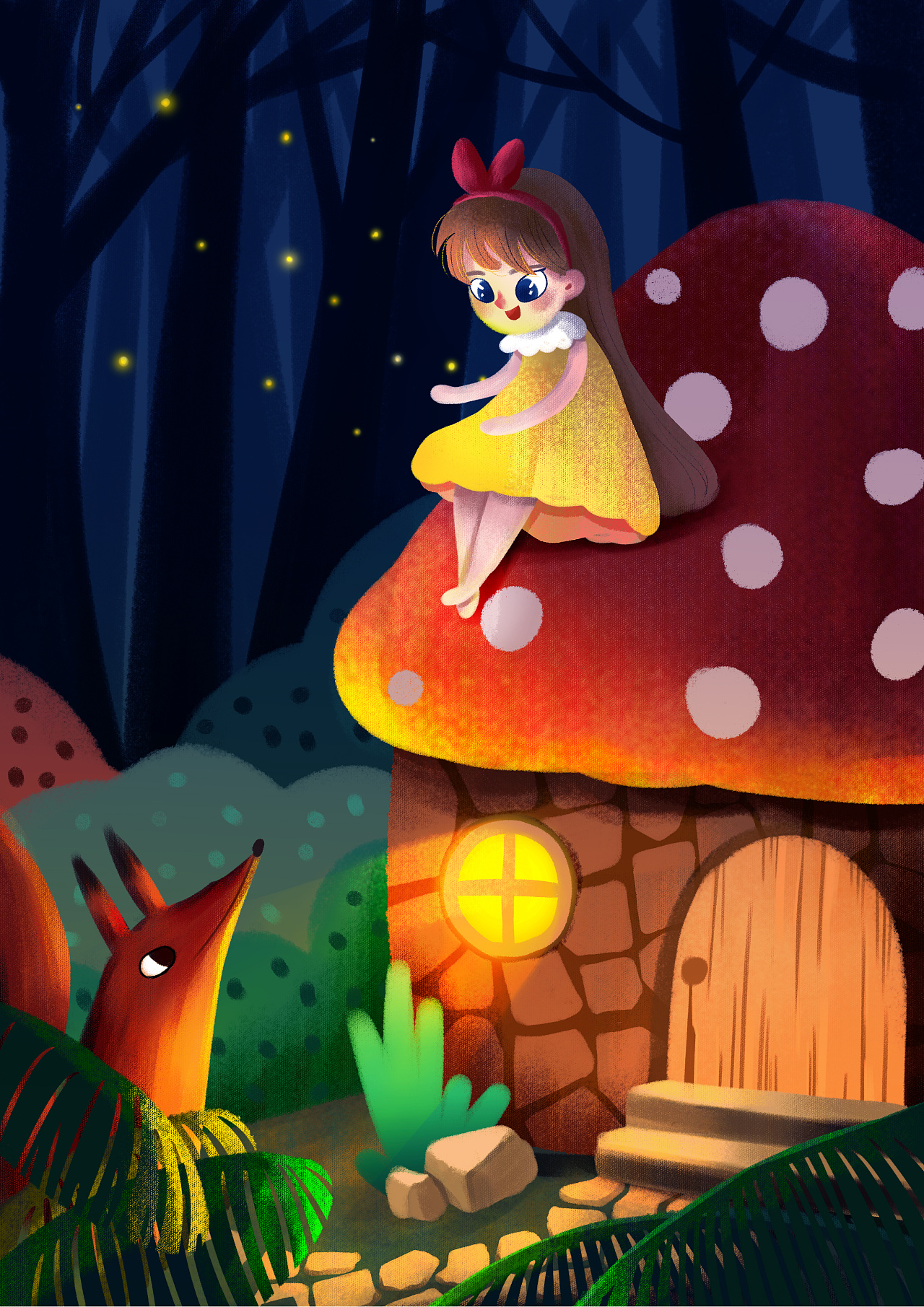 夜晚蘑菇小屋插画