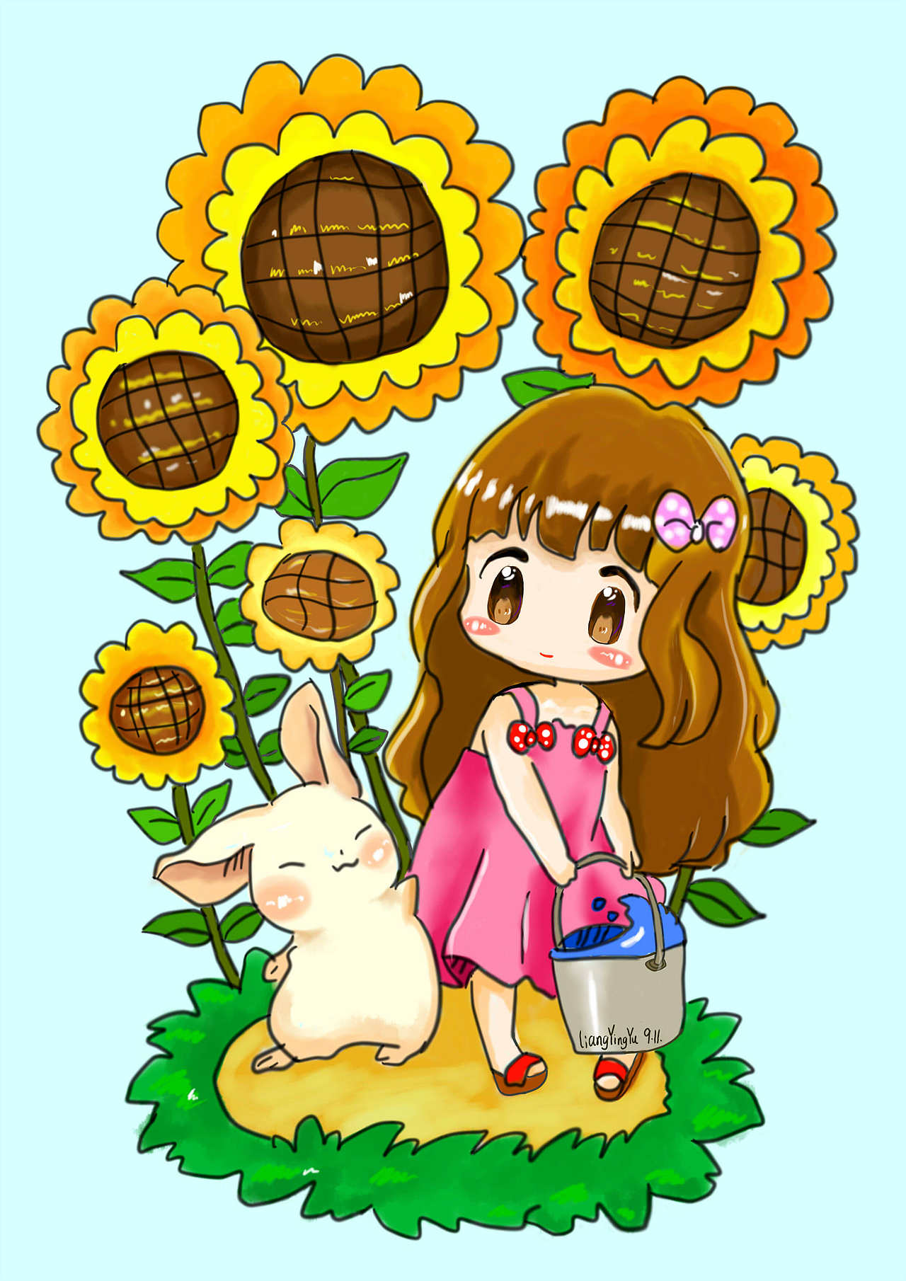 手绘插画《向日葵与小菇凉》