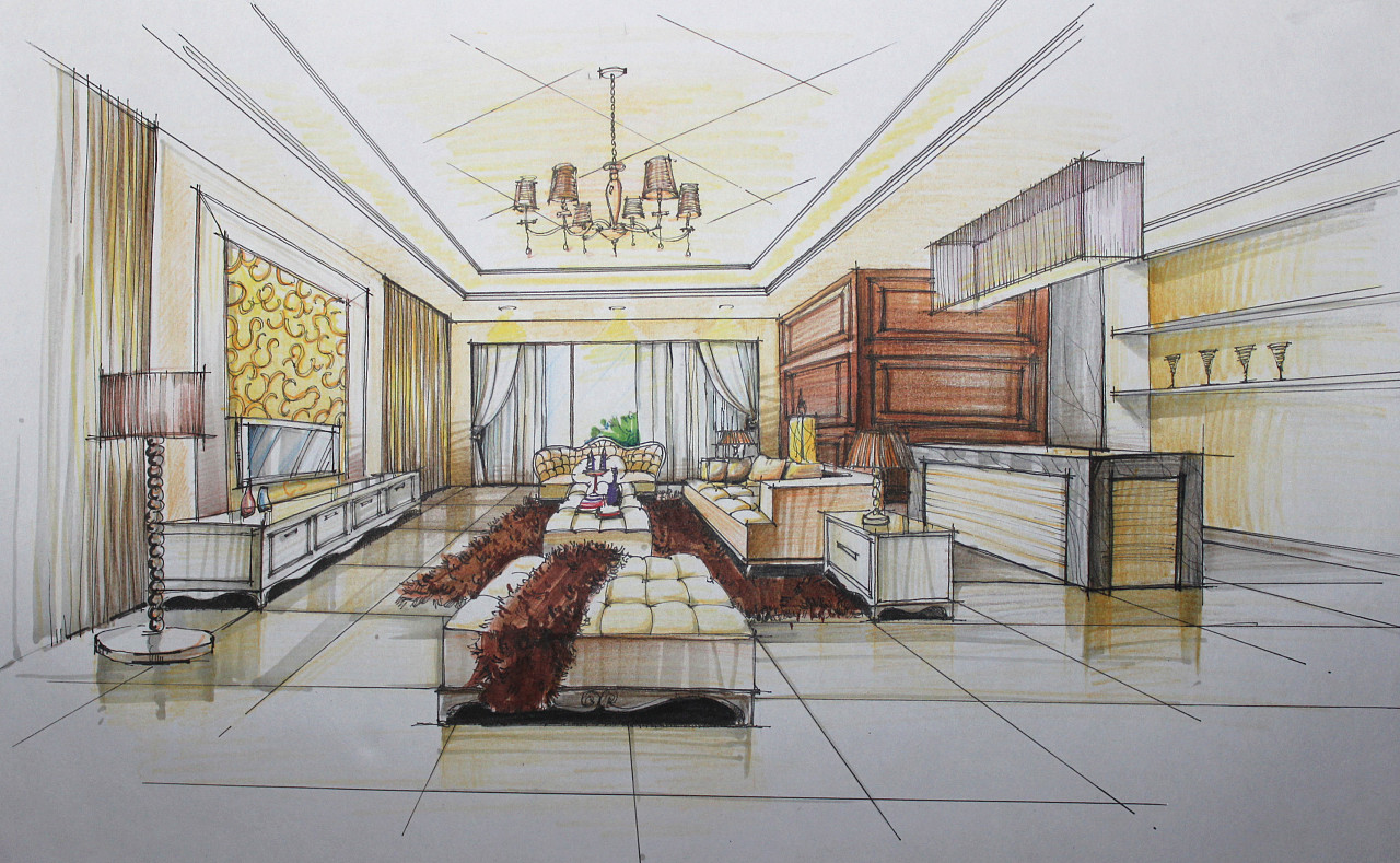 现代中式客厅手绘效果图|空间|家装设计|翁小峰 - 原创作品 - 站酷 (ZCOOL)