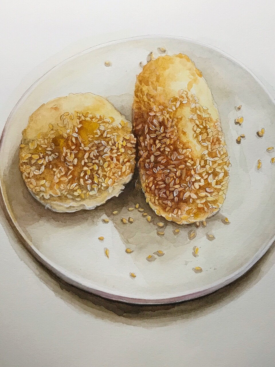  水彩金陵美食> 鸭油酥烧饼