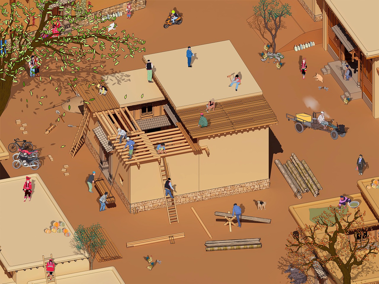 彝族花腰土掌房建造过程