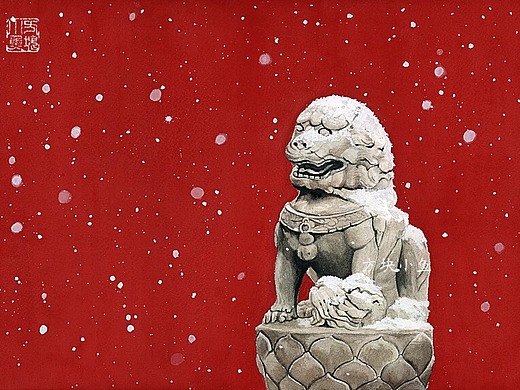 手绘水彩故宫红墙雪景——石狮