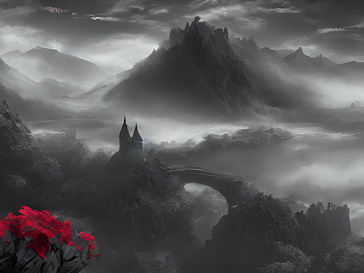 #AI创作实验室#深山，城堡，雾，红色的花，黑白