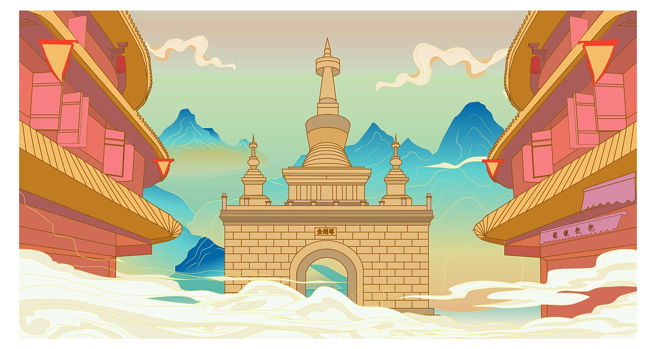 云南官渡古镇建筑插画