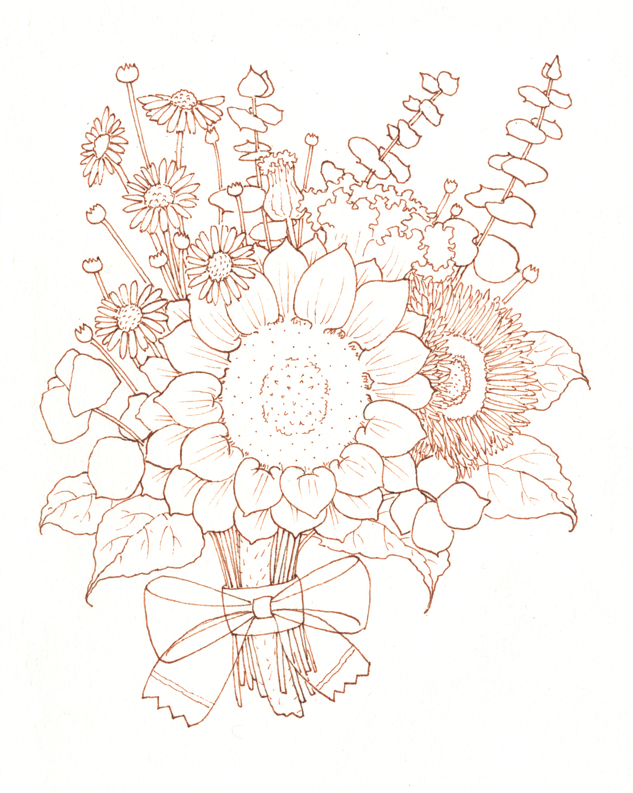 钢笔淡彩向日葵花束帝王花花束原创