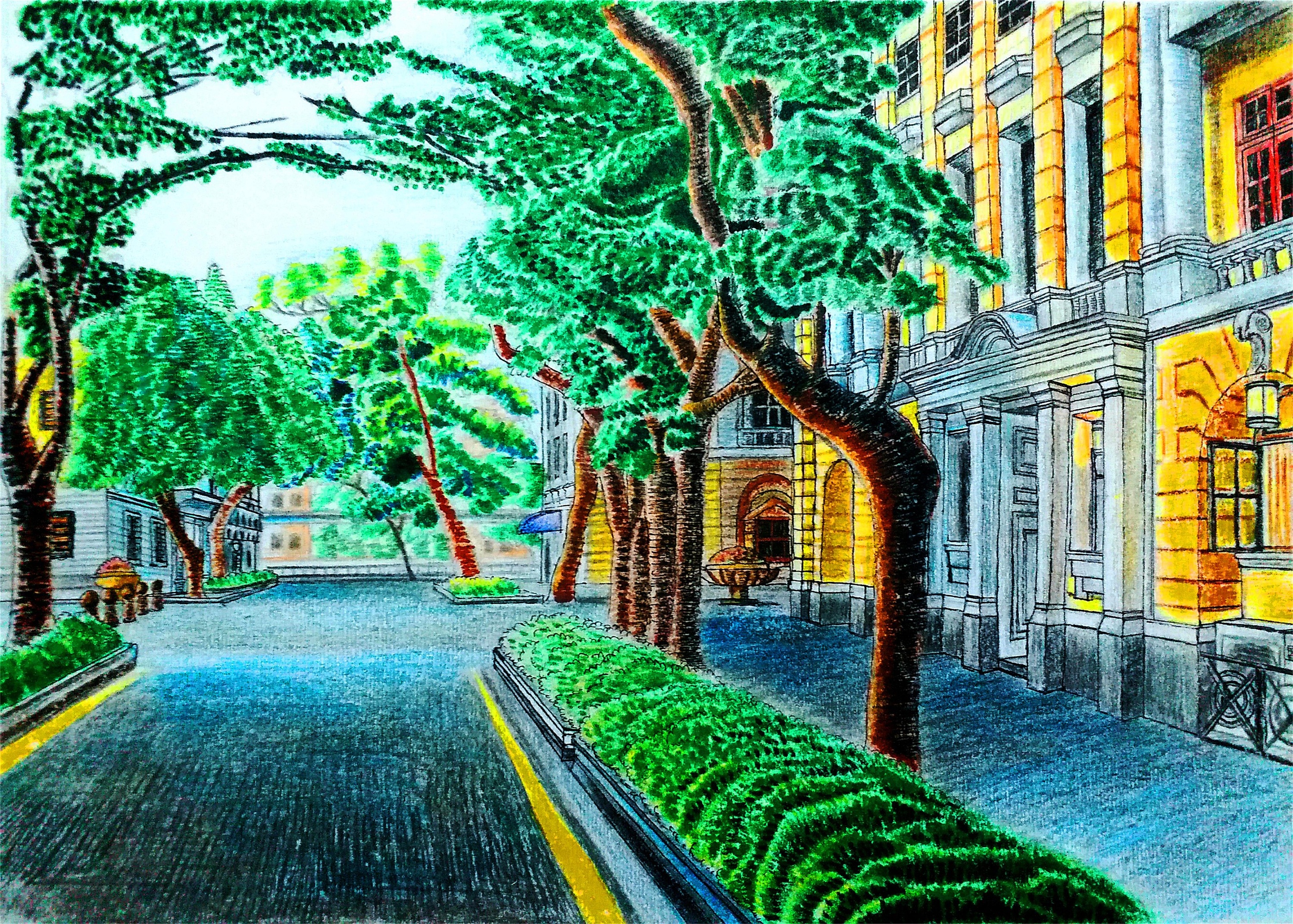 手绘·下午时分的沙面一角——(1)