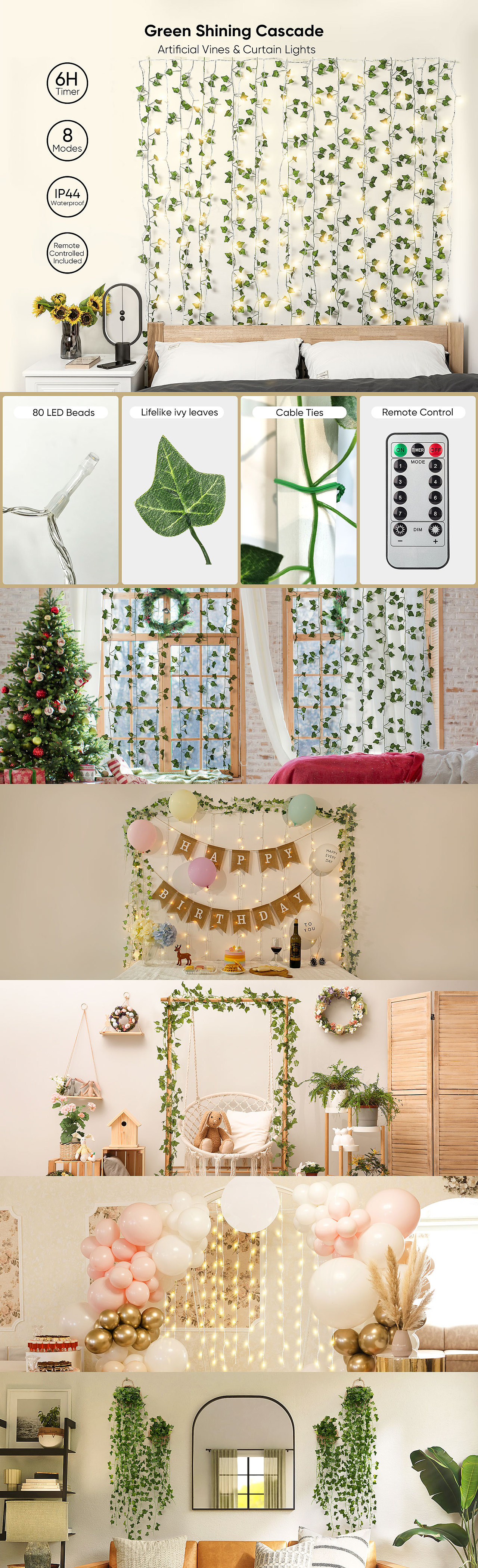 人造绿色花环LED灯串、窗帘灯串、圣诞灯串拍摄作图