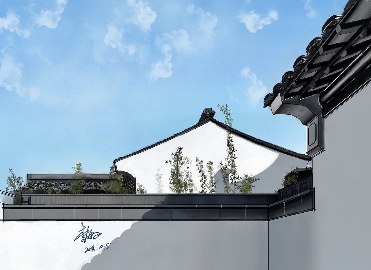 白墙黑瓦ipad手绘