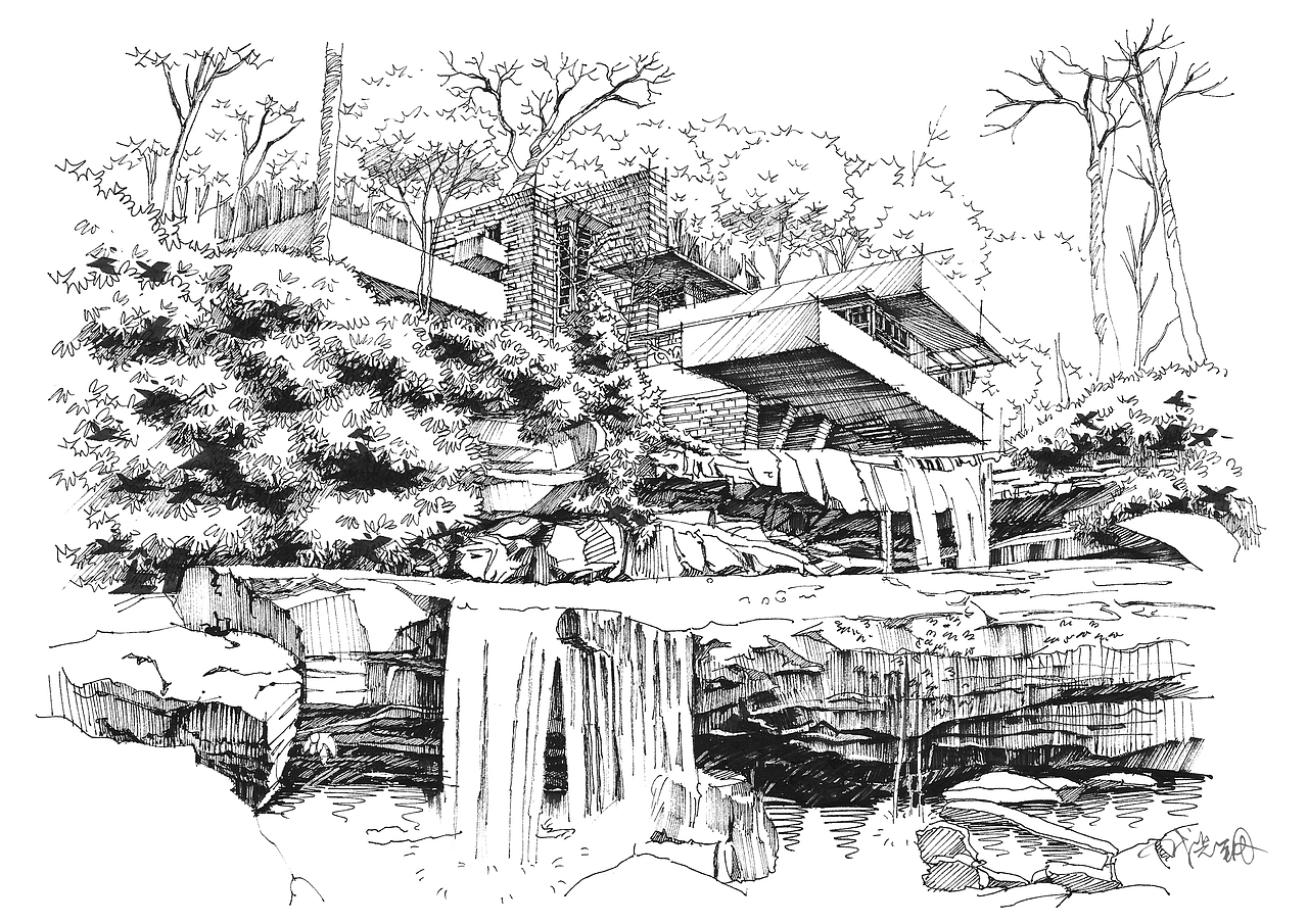 流水别墅线稿效果图