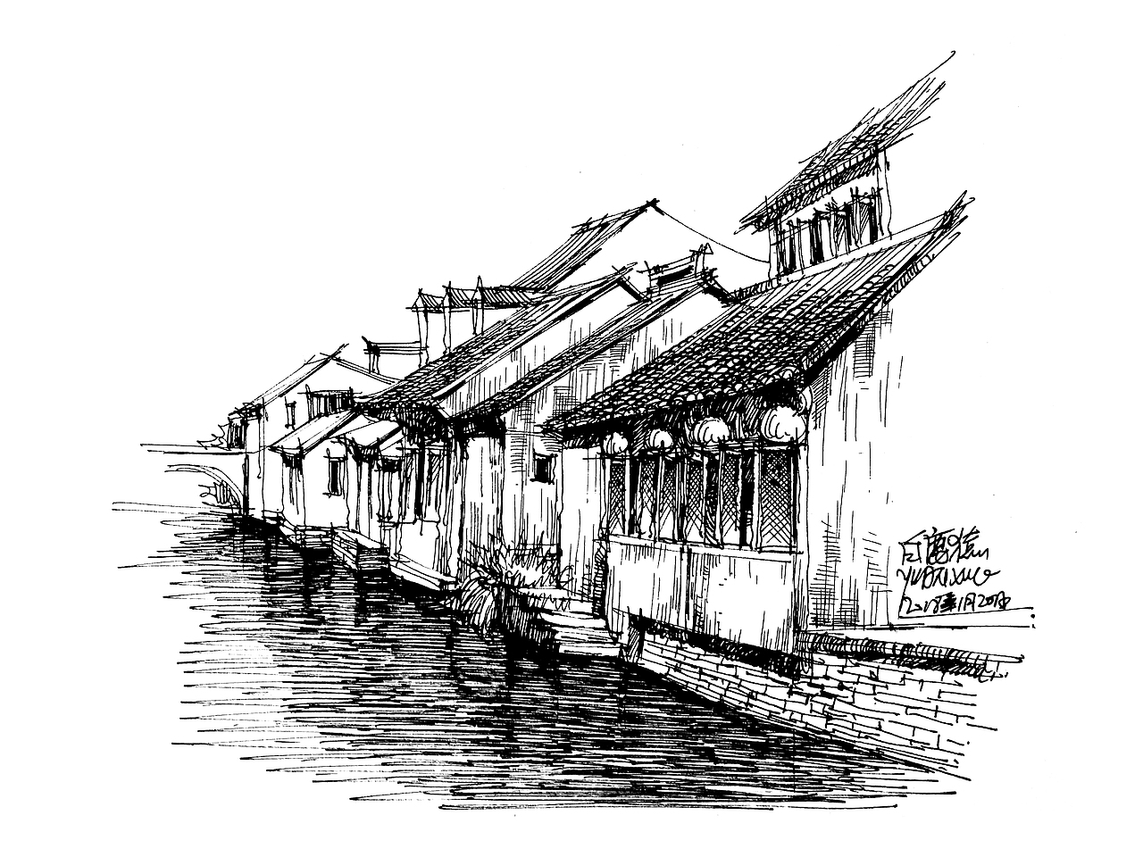 白鹿猿钢笔手绘---东方建筑情节