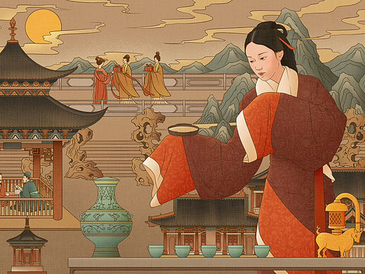 汉代人物 敬茶 复古插画手绘