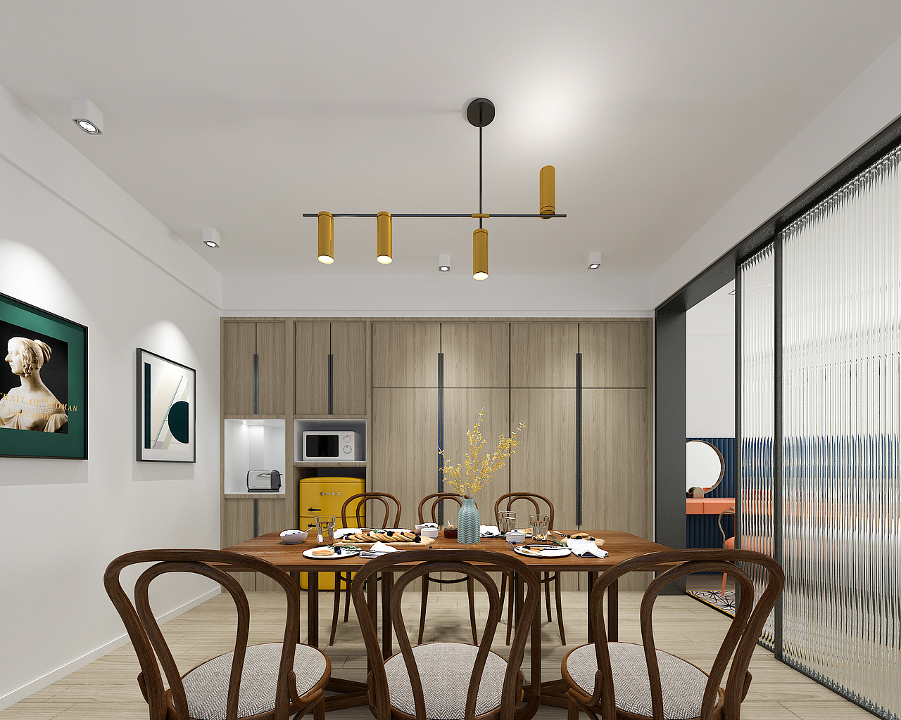 客厅的整面墙的柜子解决了日常衣物的储物需求,也整合了鞋柜和冰箱等电器,业主还经营一家茶庄,客厅用的大板桌及可以用作待客的茶桌,也可以用作亲朋好友的聚会。