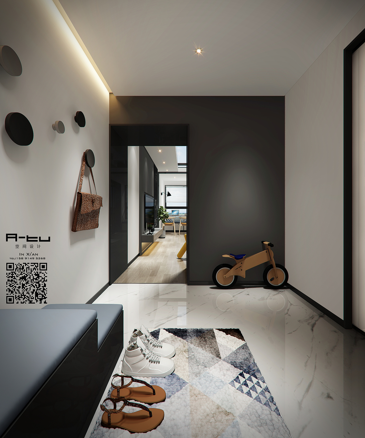 门厅入口处，砸掉了之前的墙体，电箱的位置移动了楼梯下方。即使入户门完全打开，外面也看不客到厅内部，形成一个视觉上的遮挡，也起到了玄关的作用。