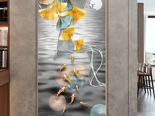 新中式抽象银杏叶挂画九鱼图飞鹤玄关装饰画