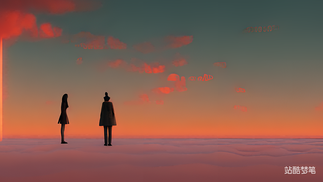 #站酷梦笔#两个人站立着,淡红色天空,云彩翻滚