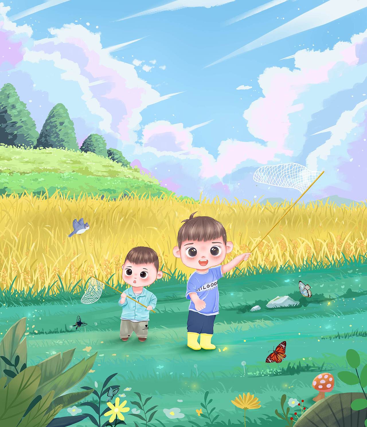 田园儿童欢乐插画