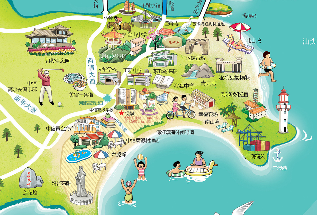 楼盘中信·悦城做的手绘地图,涵盖整个汕头地区(包括濠江,南澳岛)汕头
