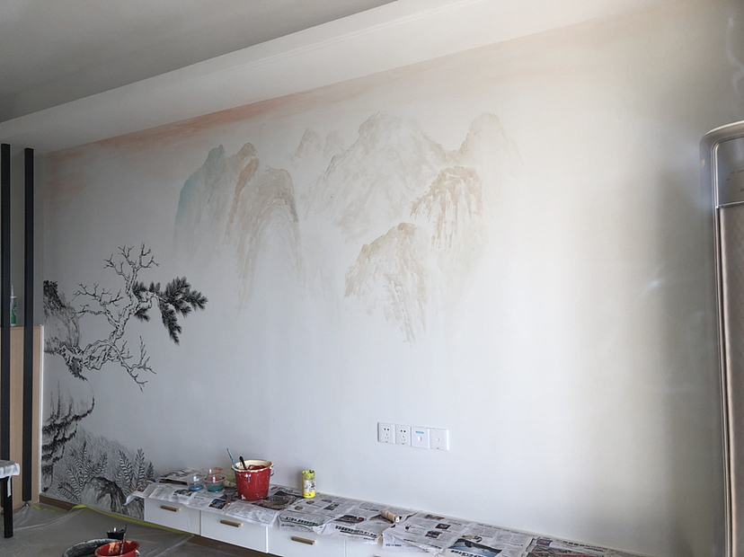柒悦电视背景墙，墙绘，山水画作品欣赏（图ZMzUwNzYzNzcy） - 绘画 - 站酷设计师广西柒悦彩绘壁画原创素材 - 站酷ZCOOL