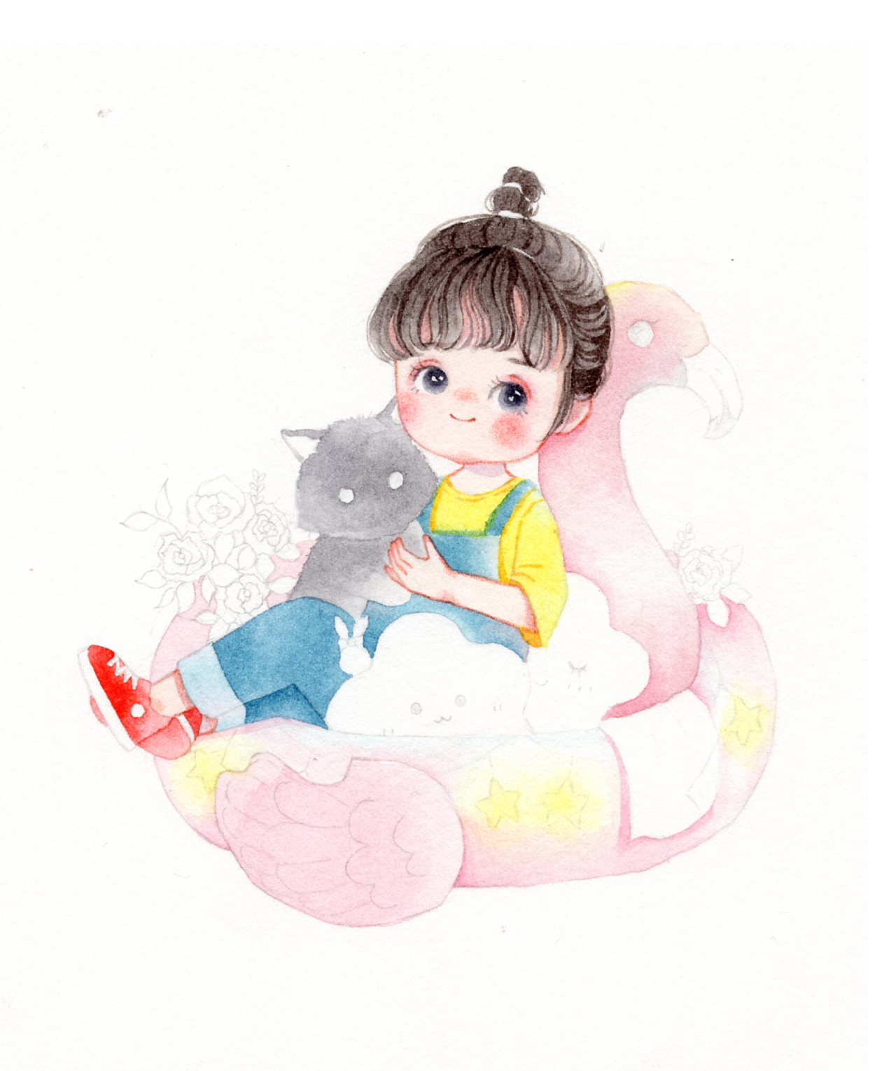 鱼兮原创水彩手绘儿童插画——海边度假的小女孩