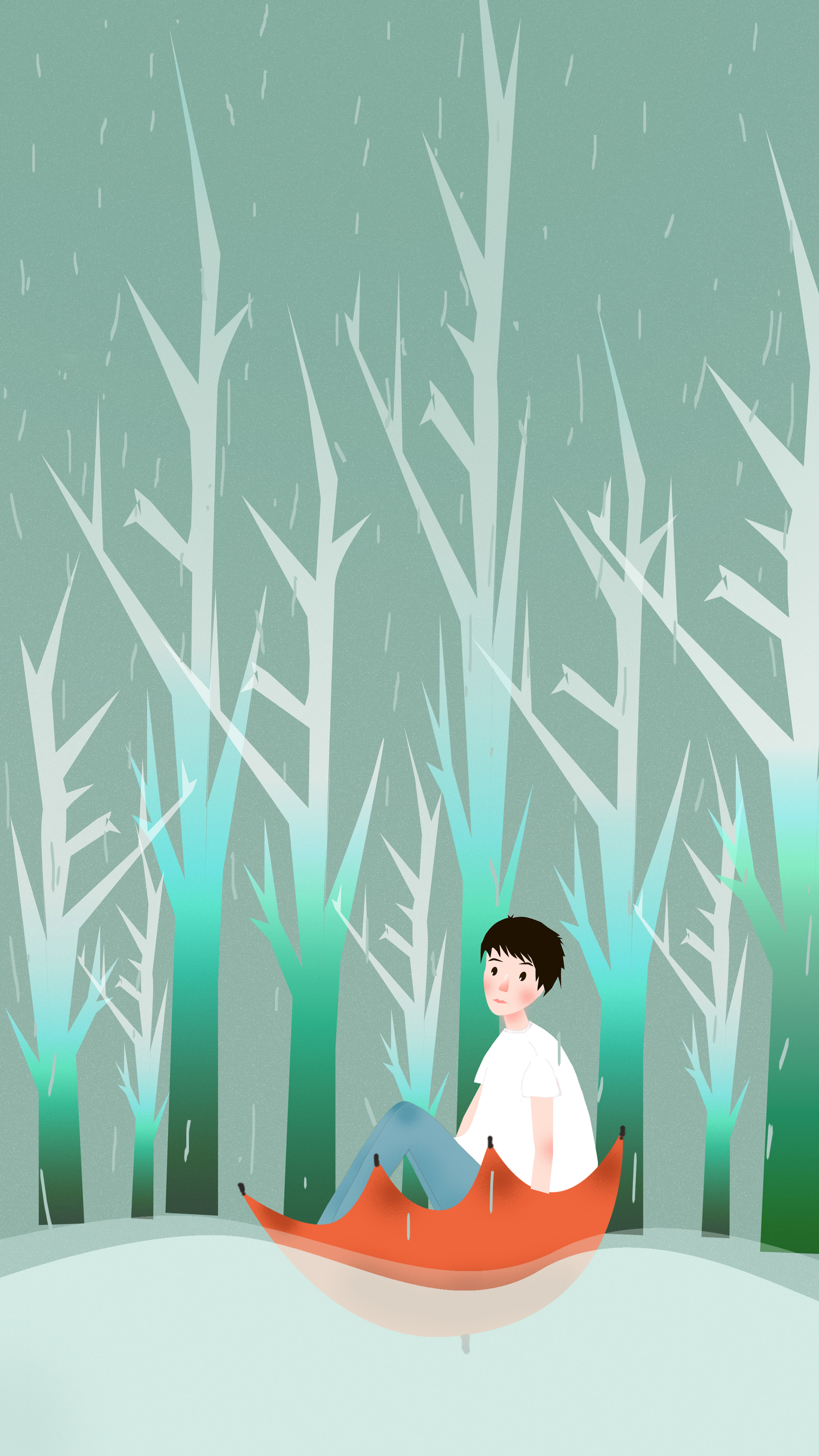 治愈雨中男孩原创手绘插画