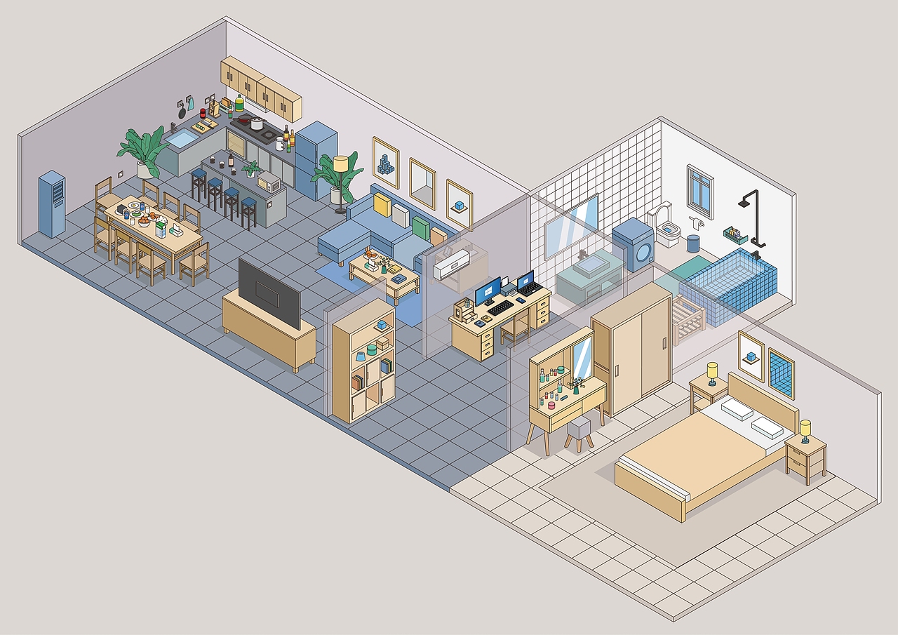 2.5D室內(nèi)插畫（圖ZMjE3NTkwMzQ4） - 藝術(shù)插畫 - 站酷設(shè)計師小鵬同學原創(chuàng)素材 - 站酷ZCOOL