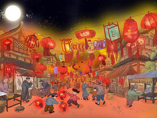 老北京的元宵燈會（個人主頁-ZNTU4NjIwMjg=） - 繪本 - 站酷設計師玖陸水彩原創(chuàng)素材 - 站酷ZCOOL