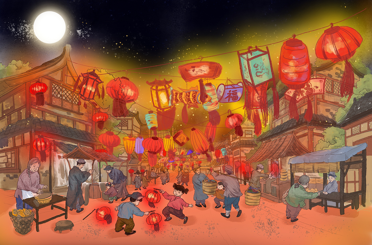 老北京的元宵灯会（图ZMjc0NTEyMDMy） - 绘本 - 站酷设计师玖陆水彩原创素材 - 站酷ZCOOL