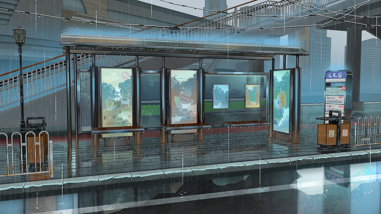 公交车站-雨天（图ZMjI0NTQ3MzQw） - 游戏原画 - 站酷设计师西瓜_不甜不要钱原创素材 - 站酷ZCOOL