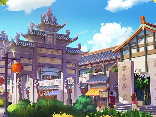 四川隆昌石牌坊插画-游戏原画4年前竖版战斗地图插画-游戏原画4年前