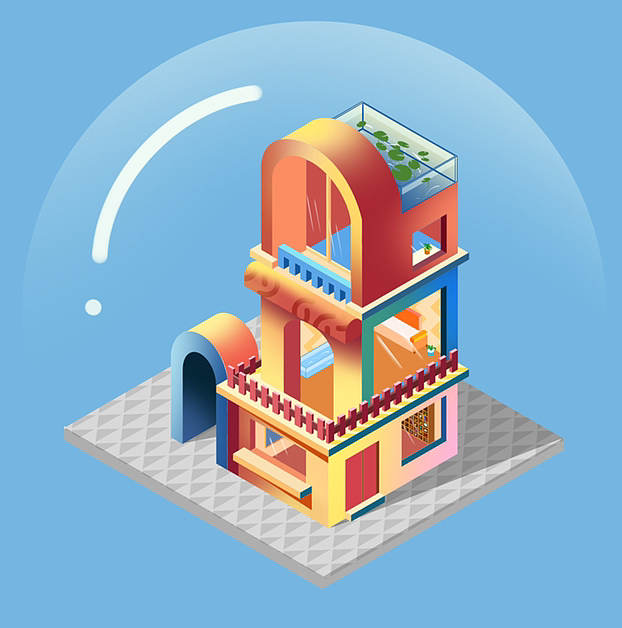 海边小镇场景手绘2.5D插画