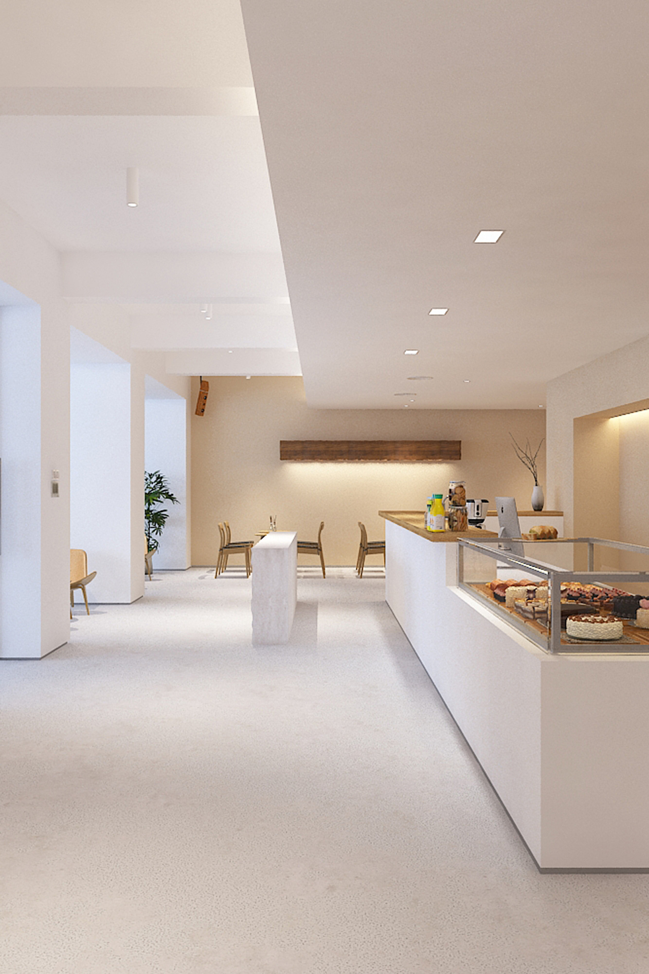 蛋糕店的店面设计抛却繁复,质朴素雅。推门进入店内,灯光明净,空间敞亮,给人以 “空山新雨后”般的舒畅感。