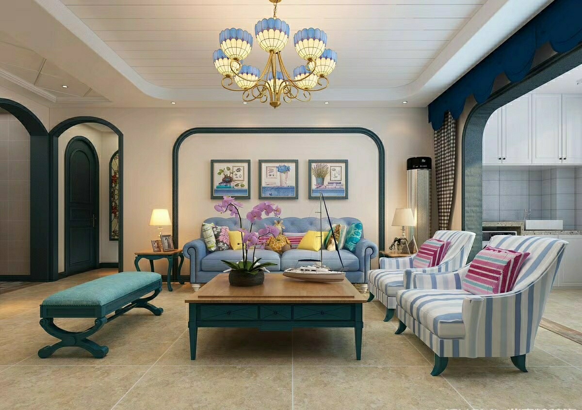 家装地中海清新客厅壁纸装修效果图 – 设计本装修效果图