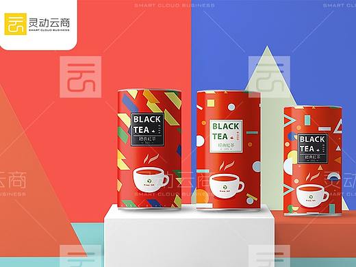 中国红风格茶叶罐包装设计几何图形平面—by灵动云商