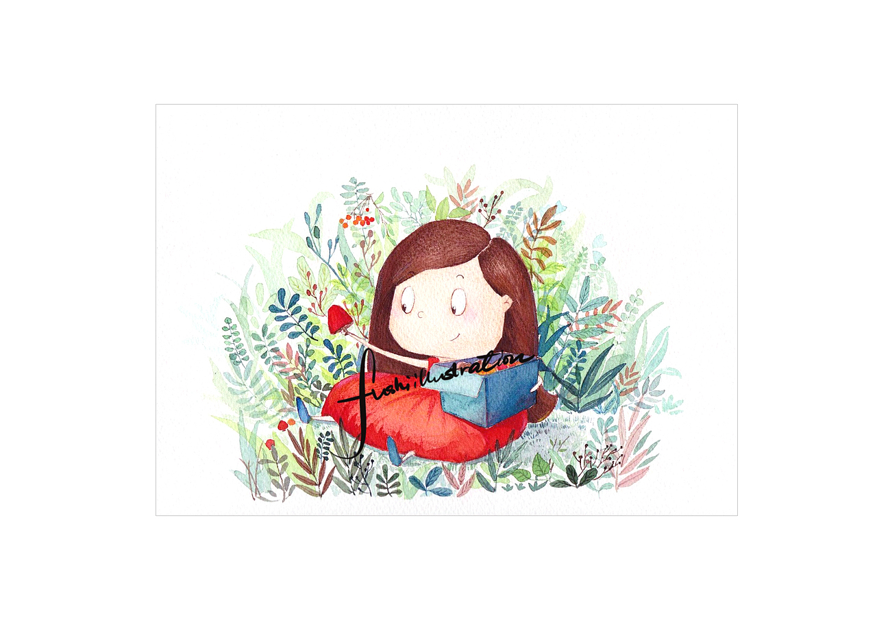 月亮系列——小女孩采蘑菇(水彩作品)