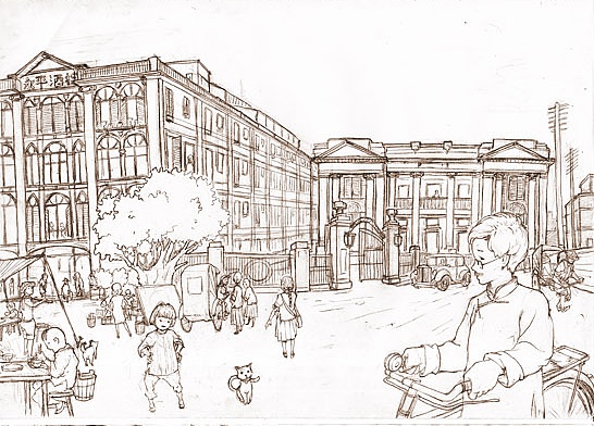 民国时期的汕头老市区—曾经繁华的小公园|插画|绘本|kinyip 原创