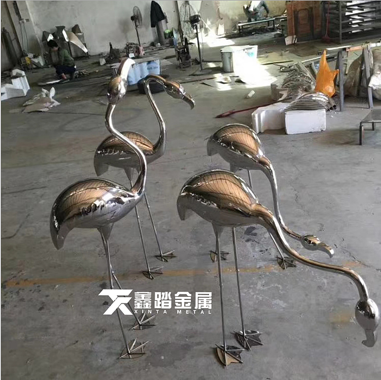 仿真动物镜面不锈钢火烈鸟雕塑园林草坪摆件