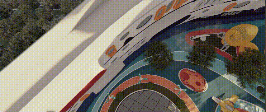 每个区域都牵连出了一个故事，利用屋顶语言，将场地和孩子们的感受结合了起来，满足了各个不同年龄段孩子的需求，同时也与周围环境生态环境与周边自然相契合，也成为孩子们探索体验自然和户外活动的起点。