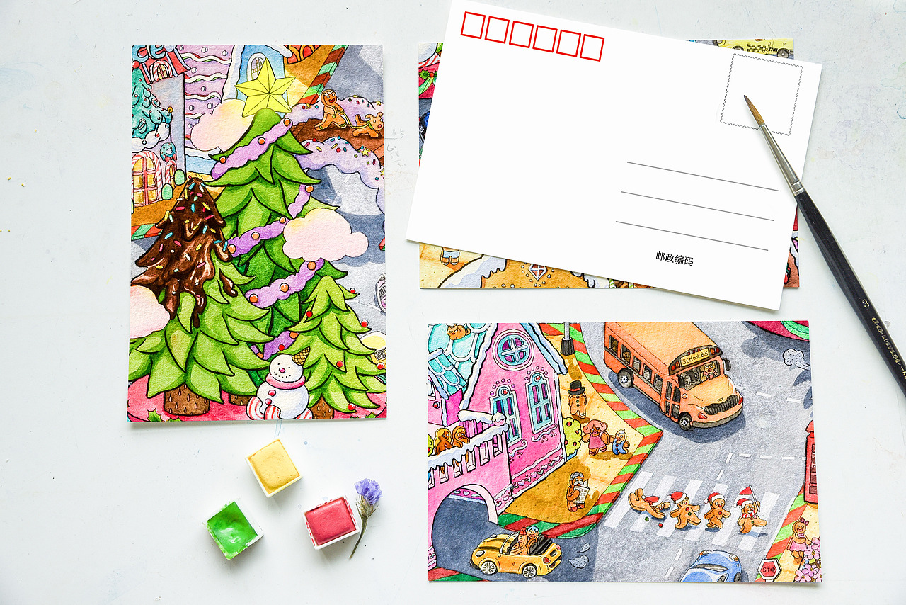 圣诞节手绘水彩明信片设计
