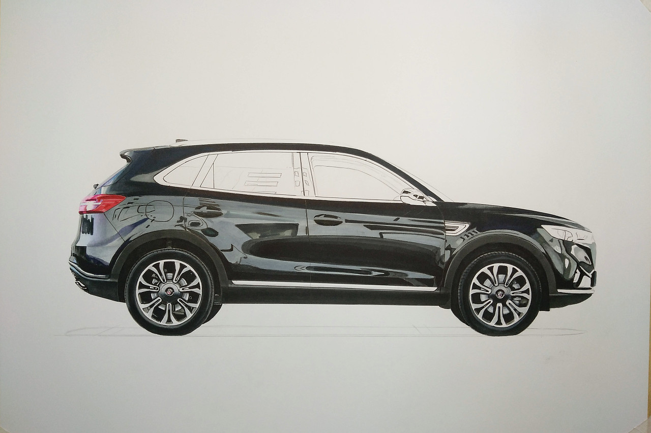 扫描件马克笔手绘红旗hs5焦作|插画师