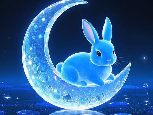 蓝色月亮湾上的兔子，梦境里蓝色深邃的水晶月亮湾。。