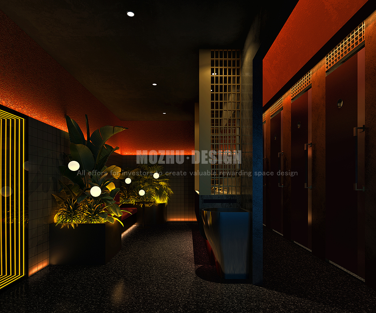 卫生间隔断使用黄钛不锈钢
<br>顶面用橙色暖色调灯管<br><br>墙面使用条形墙砖和深渊镜的结合<br><br><br><br>墨竹专业酒吧设计公司，如有任何关于酒吧运营、酒吧管理、酒吧筹备、酒吧设计。<br><br>设计咨询：15198173317  🔥🔥🔥🔥🔥<br><br><br><br>《感谢观看》<br><br>